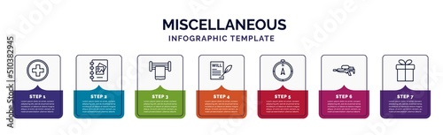 infographic template with icons and 7 options or steps. infographic for miscellaneous concept. included swiss, scrapbook, towel rack, will, compass pointing north, flame thrower, wrapped gift icons.