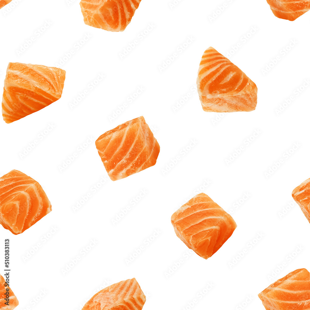 raw salmon, fish isolated on white background, SEAMLESS, PATTERN raw salmon, fish isolated on white background, SEAMLESS, PATTERN