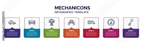 infographic template with icons and 7 options or steps. infographic for mechanicons concept. included taxi facing left, rectangular car front, car lifter, car and headphones, van side view,