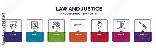 infographic template with icons and 7 options or steps. infographic for law and justice concept. included civil rights, constitutional law, bribery, shotgun, corpse, prisioner, butterfly knife
