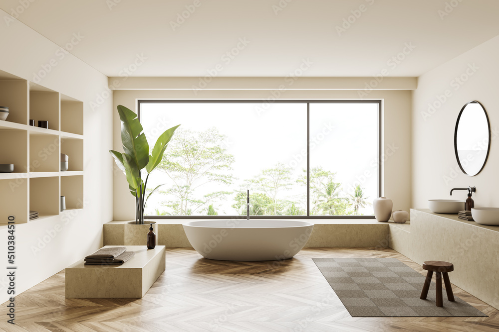 Fototapeta premium Light bathroom interior with bathtub, shelf with decoration and sink, window