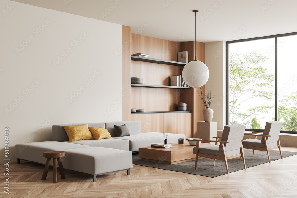 Light relax interior with couch, chairs and shelf near panoramic window, mockup Light relax interior with couch, chairs and shelf near panoramic window, mockup