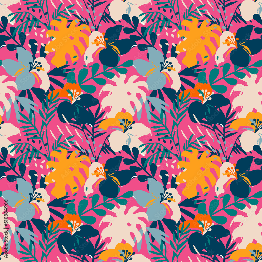 Tropical seamless pattern, nature design, raster version. Color floral background. Bright tropical leaf seamless pattern. Floral colorful design  for fabric, wallpaper, interior and more