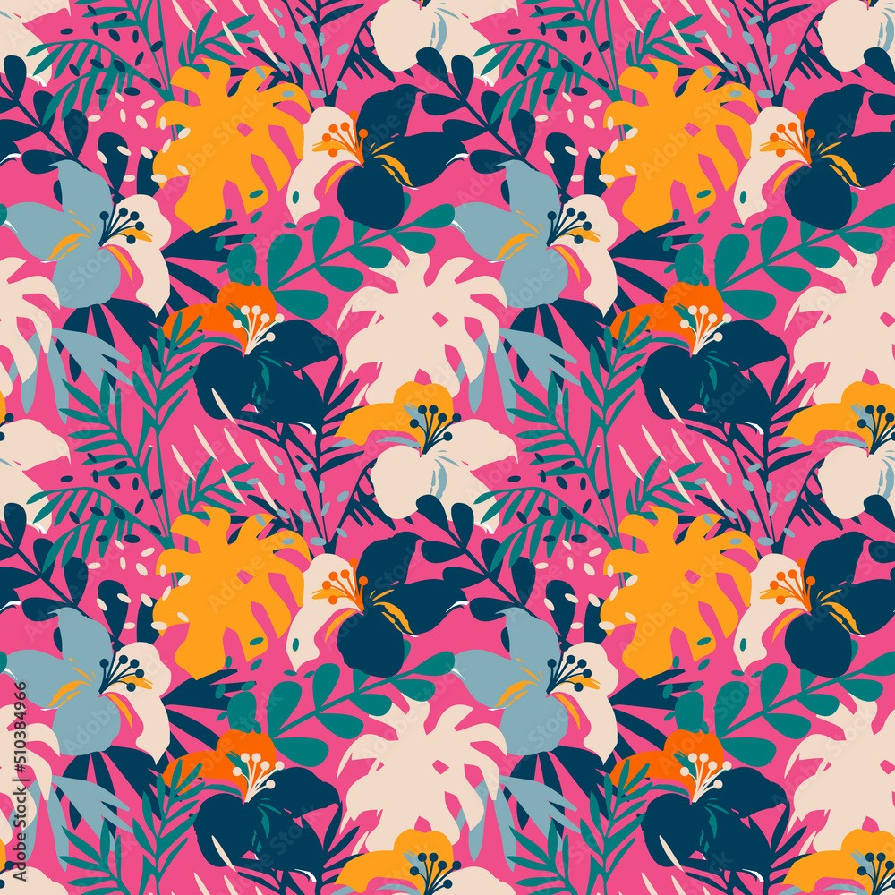 Tropical seamless pattern, nature design, raster version. Color floral background. Bright tropical leaf seamless pattern. Floral colorful design for fabric, wallpaper, interior and more Tropical seamless pattern, nature design, raster version. Color floral background. Bright tropical leaf seamless pattern. Floral colorful design for fabric, wallpaper, interior and more