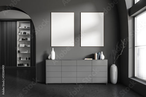 Grey living room interior with shelf and drawer  panoramic window and mockup frame