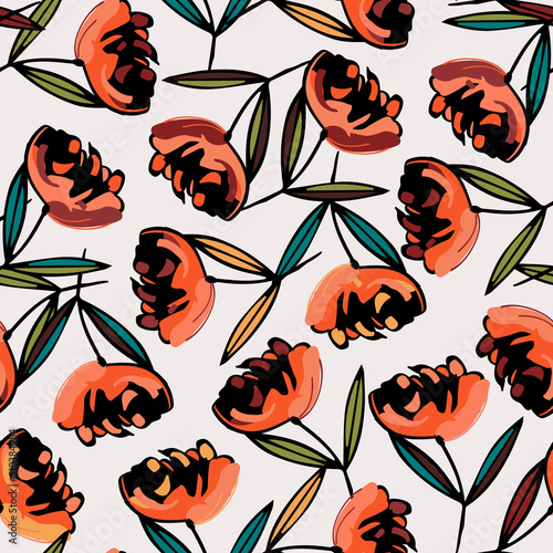 Elegant seamless pattern with hand drawn flowers, boho print, raster version