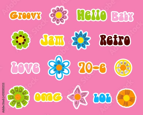 Set of Y2K Cute Smile Flower Stickers. Pop Art Happy Positive Vector Patches. Funny Emoticon Groovy Blossom.