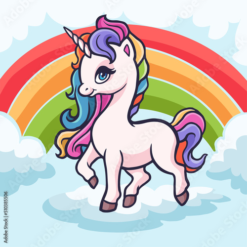 Cute cartoon unicorn standing among the rainbows. Vector illustration