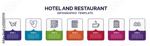 infographic template with icons and 7 options or steps. infographic for hotel and restaurant concept. included hammock, fried egg, hotel, minibar, coffee, hostel, onigiri icons.