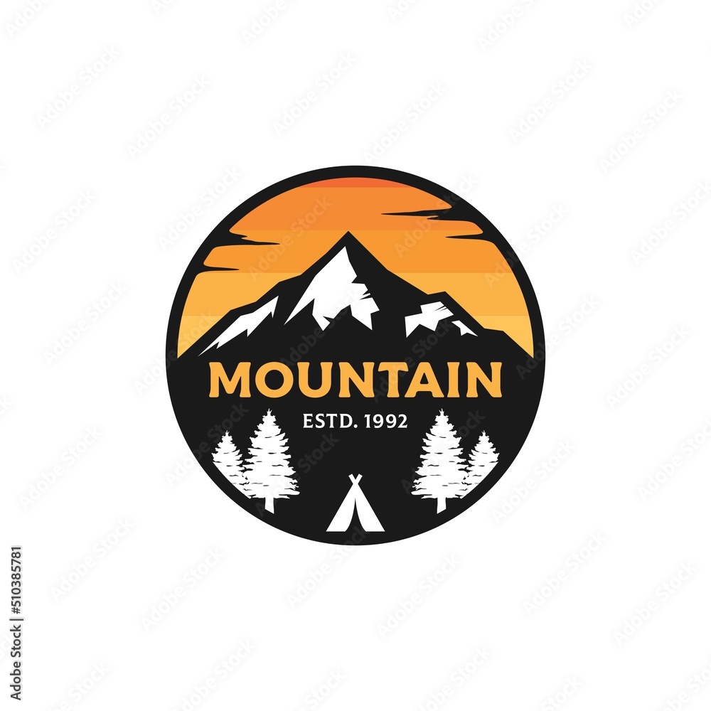 Mountain camping badge logo design vector illustration