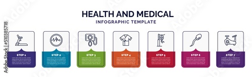 infographic template with icons and 7 options or steps. infographic for health and medical concept. included treadmill, pulse, blood pressure gauge, patient robe, saline, sperm, stationary bike