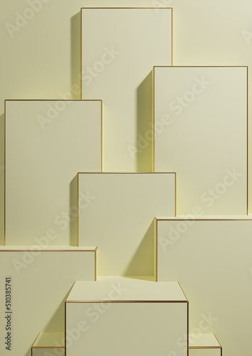 Pastel, light, citrus yellow 3D rendering simple, minimal, geometric background product display pedestal golden lines for luxury products wallpaper template for product advertising