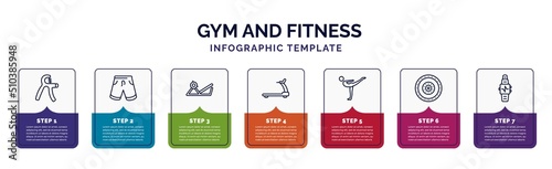 infographic template with icons and 7 options or steps. infographic for gym and fitness concept. included grip, fitness shorts, press simulator, running hine, stretching leg exercise, weight drive,