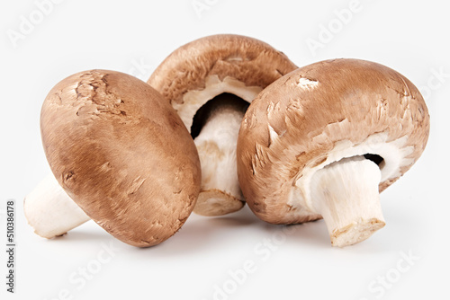 Fresh champignon mushrooms as background, top view. Shrooms champignon background texture.