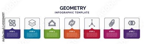 infographic template with icons and 7 options or steps. infographic for geometry concept. included array, layer, base, reverse, axis, attach, join icons.