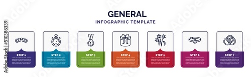 infographic template with icons and 7 options or steps. infographic for general concept. included binocular, analog stopwatch, number one medal, gift box with ribbon, daisy bouquet, head mirror,