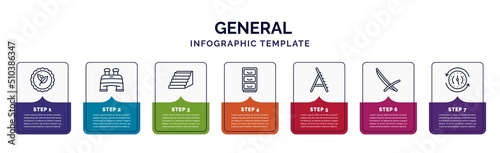infographic template with icons and 7 options or steps. infographic for general concept. included go green badge, pair of binoculars, steps, office cabinet, stepladder, deckchair, clockwise icons.