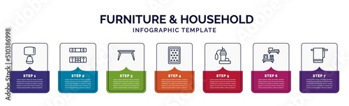 infographic template with icons and 7 options or steps. infographic for furniture & household concept. included table lamp, cabinet, table, mattress, sump pump, wall shelves, towel icons.