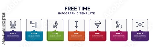 infographic template with icons and 7 options or steps. infographic for free time concept. included hiking, crossword, trekking, pogo stick, parachuting, bowling, drum icons.