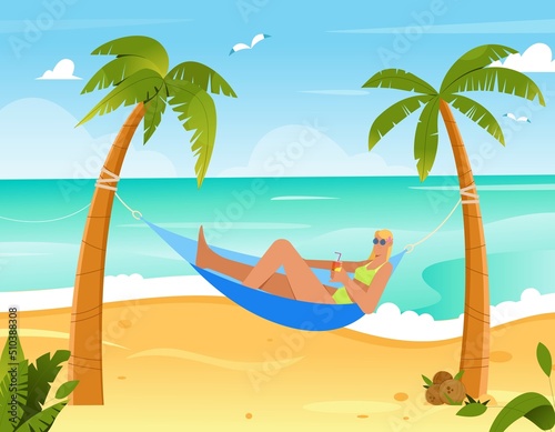 Girl in bikini drinking soda laying in a hammock between two palm trees on a beach. Flat vector illustration. Tropical background with sea and sand