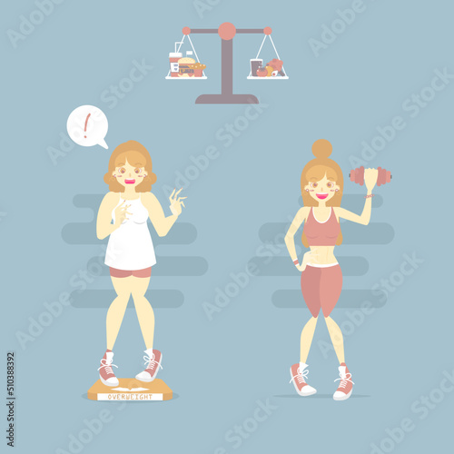 fat overweight woman with  junk food and healthy woman with healthy food, fruit and vegetable, lifestyle concept, infographic vector illustration cartoon flat character design