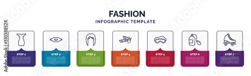 infographic template with icons and 7 options or steps. infographic for fashion concept. included tinge, gym belt, wig, two carnival masks, sleeping mask, smeel, roller skater icons.