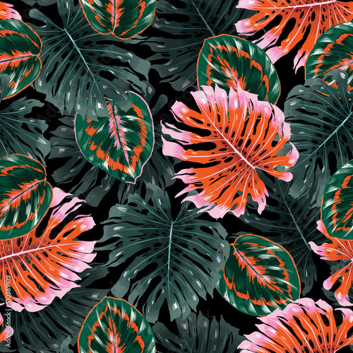 Tropical Jungle hawaiian Monstera Leaves plants Seamless pattern Vector