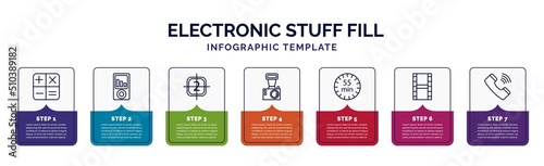 infographic template with icons and 7 options or steps. infographic for electronic stuff fill concept. included calculating, portable music player, video file list, old camera, minute countdown,