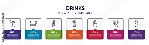 infographic template with icons and 7 options or steps. infographic for drinks concept. included martinez, espresso, grain, mint julep, french press, brandy glass, mai tai icons.