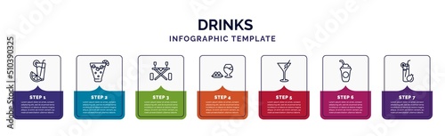 infographic template with icons and 7 options or steps. infographic for drinks concept. included greyhound drink, caipiroska, picnic table, ham, martini, frappuccino, pomegranate martini icons.