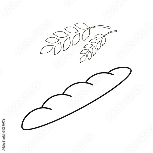 Long loaf of bread vector, french baguette with wheat ears linear icon