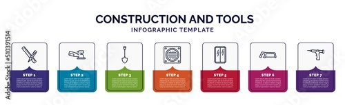 infographic template with icons and 7 options or steps. infographic for construction and tools concept. included pencil and ruler, sanding hine, spade, drain, glass wall, metal saw, sealant gun