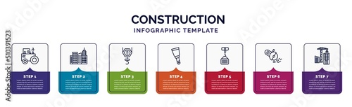 infographic template with icons and 7 options or steps. infographic for construction concept. included steamroller, , pulley hook, scraper, derrick with load, angle grinder, constructions icons.