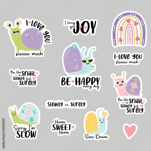 Set of stickers with cute snails, rainbow and funny phrases about love and slowness and insect molluscs. Vector illustration. Isolated elements for design, decor, printing and decoration.