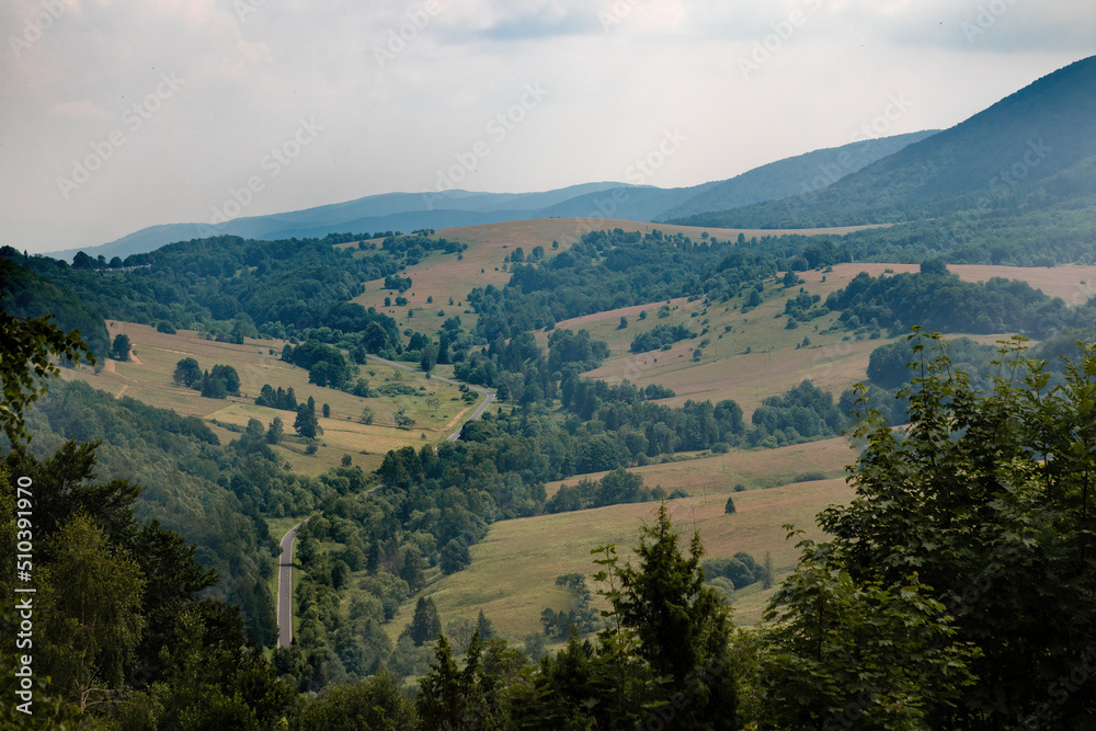 Landscape of the beautiful Polish mountains of the Bieszczady Mountains, part of the Carpathians. Dreamlike mountains, a symbol of freedom and independence. A place for many artists.Mountain landscape
