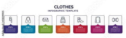 infographic template with icons and 7 options or steps. infographic for clothes concept. included one shoulder dress, hobo bag, messenger bag, hooded jacket, ankle boots, long sleeves t shirt, bow