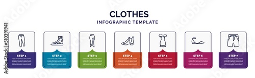 infographic template with icons and 7 options or steps. infographic for clothes concept. included sweatpants, gladiator sandal, slit skirt, leather chelsea boots, off the shoulder dress, flat shoes,