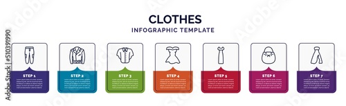 infographic template with icons and 7 options or steps. infographic for clothes concept. included chi pants, leather biker jacket, denim shirt, cocktail dress, long sleeveless dress, bucket bag,