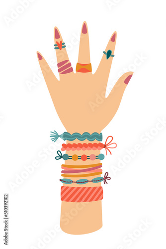 Hand with fashion friendship summer bracelets and rings isolated on white background. Flat vector cartoon illustration, clipart.