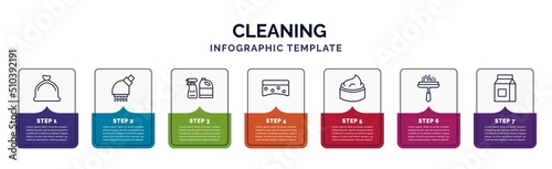 infographic template with icons and 7 options or steps. infographic for cleaning concept. included trash bag, shower head, cleaning products, scouring pads, cream, window cleaner, baking soda icons.