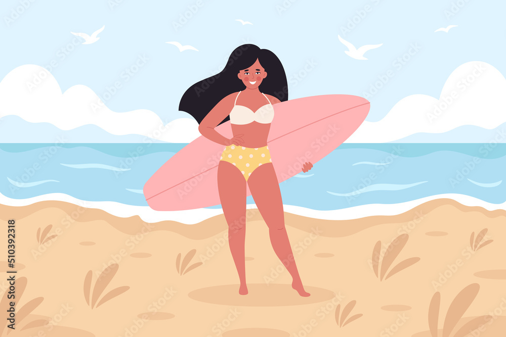Woman with surfboard on the beach. Summer activity, summertime, surfing. Hello summer. Summer Vacation. Hand drawn vector illustration