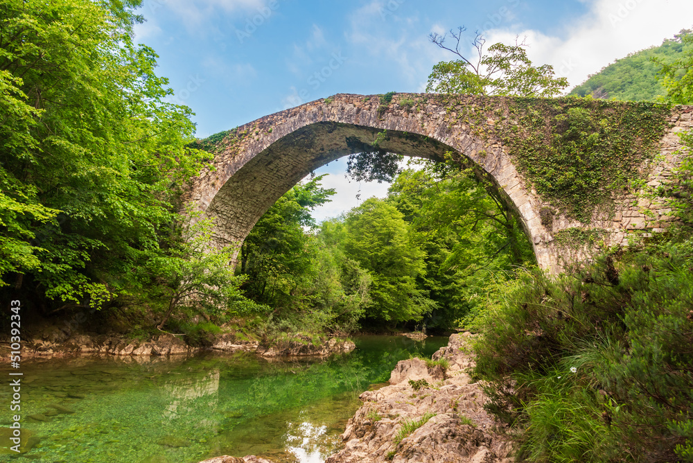 Dobra Bridge or Vieyu Bridge, of medieval origin, crosses the Dobra River in the council of Amieva, Asturias.