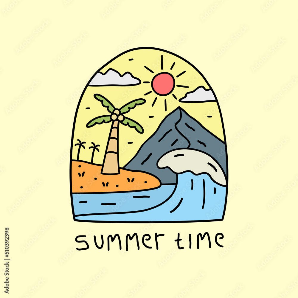 Summer time, mountains and coconut with waves in the beach design for badge patch emblem graphic vector art t-shirt design Summer time, mountains and coconut with waves in the beach design for badge patch emblem graphic vector art t-shirt design