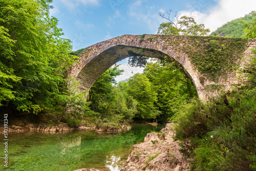 Obraz na plátně Dobra Bridge or Vieyu Bridge, of medieval origin, crosses the Dobra River in the council of Amieva, Asturias