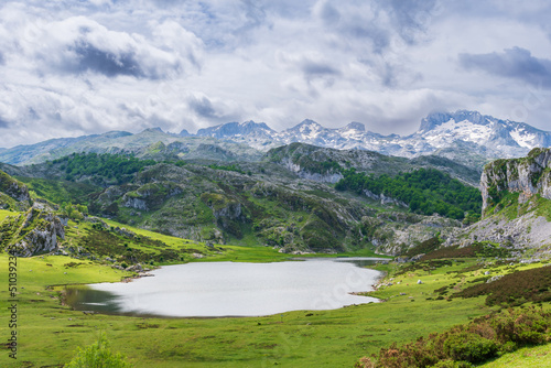 Panoramic view of Lake Ercina, with the snow-capped peaks of the Picos de Europa in the background, Lakes of Covadonga, Asturias. photo