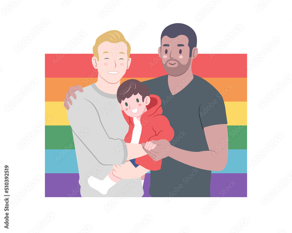 Obraz premium Flat style happy LGBTQ family with pride flag in the background cartoon illustration 