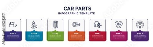 infographic template with icons and 7 options or steps. infographic for car parts concept. included car starter, car choke, oil filter, reversing light, spare wheel, oil pump, ignition icons.