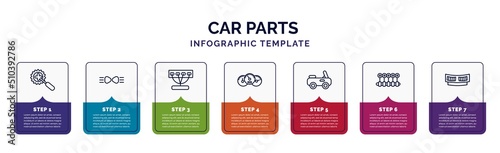 infographic template with icons and 7 options or steps. infographic for car parts concept. included car crank, car parking light, manifold, dashboard, soft top, crankshaft, cowl icons.