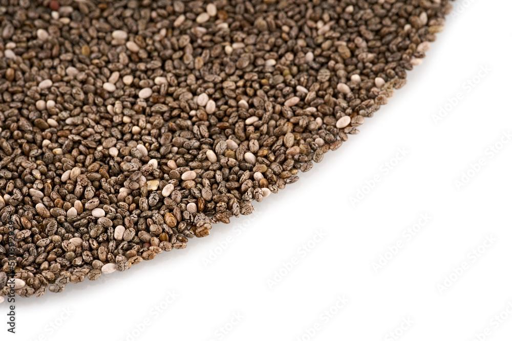 Chia seeds isolated with white background. Pile of healthy chia seeds background. Chia seeds isolated with white background. Pile of healthy chia seeds background.