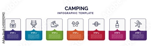 infographic template with icons and 7 options or steps. infographic for camping concept. included fishing vest, camp chair, boots shoes, hatchet, raft, cooking gas, swiss army knife icons.